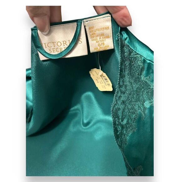 Victoria’s Secret OS Satin Kimono Robe Emerald Green Lace Trim Gold Label VTG - Picture 13 of 14